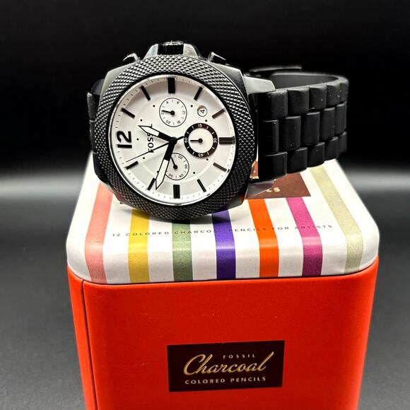 Fossil BQ2060 Machine Gunmetal Chronograph Mens White Dial Silicone Strap Watch - Picture 3 of 17